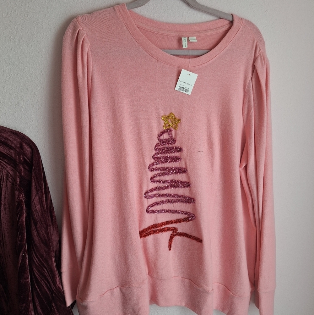 Pink Holiday Sweatshirt with Glitter Tree Design